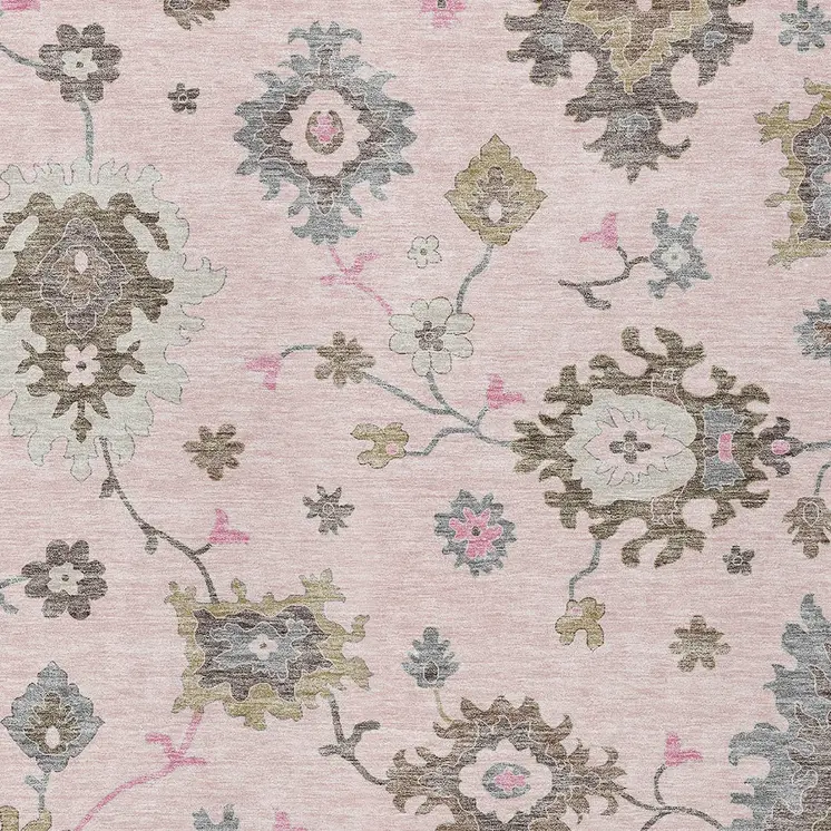 9' X 12' Pink Ivory And Chocolate Floral Washable Indoor Outdoor Area Rug
