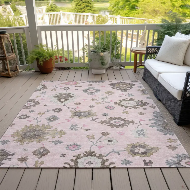 10' X 14' Pink Ivory And Chocolate Floral Washable Indoor Outdoor Area Rug