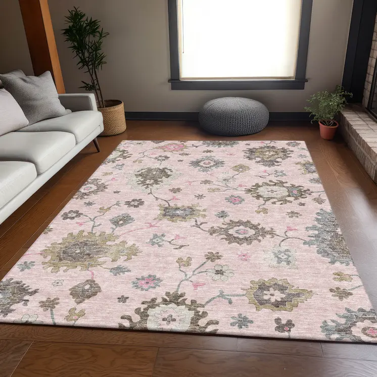 10' X 14' Pink Ivory And Chocolate Floral Washable Indoor Outdoor Area Rug
