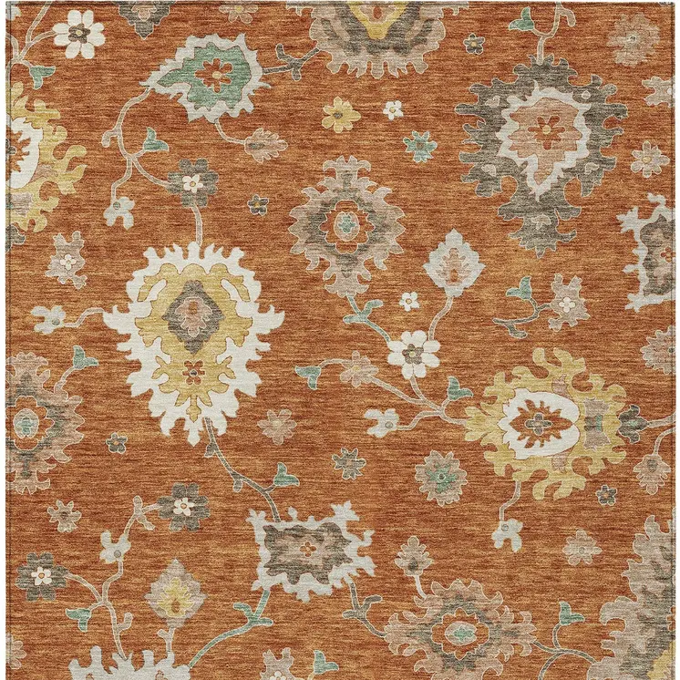 3' X 5' Orange Ivory And Gray Floral Washable Indoor Outdoor Area Rug