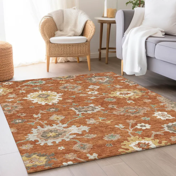 3' X 5' Orange Ivory And Gray Floral Washable Indoor Outdoor Area Rug