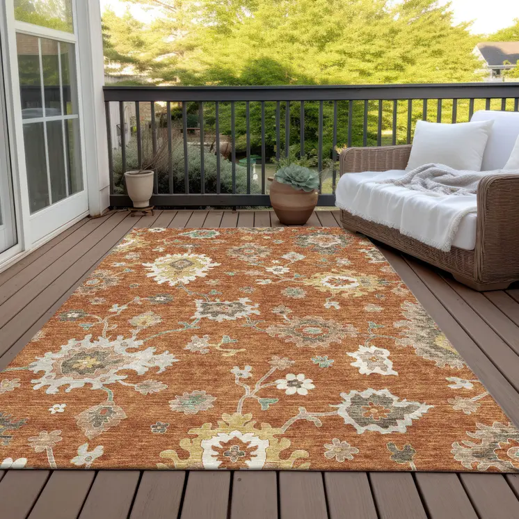 5' X 8' Orange Ivory And Gray Floral Washable Indoor Outdoor Area Rug