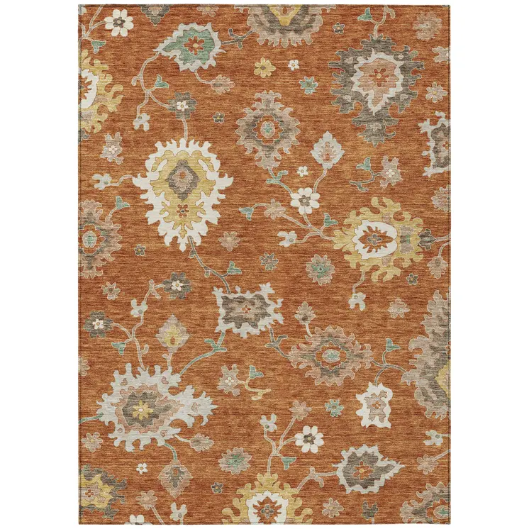 5' X 8' Orange Ivory And Gray Floral Washable Indoor Outdoor Area Rug