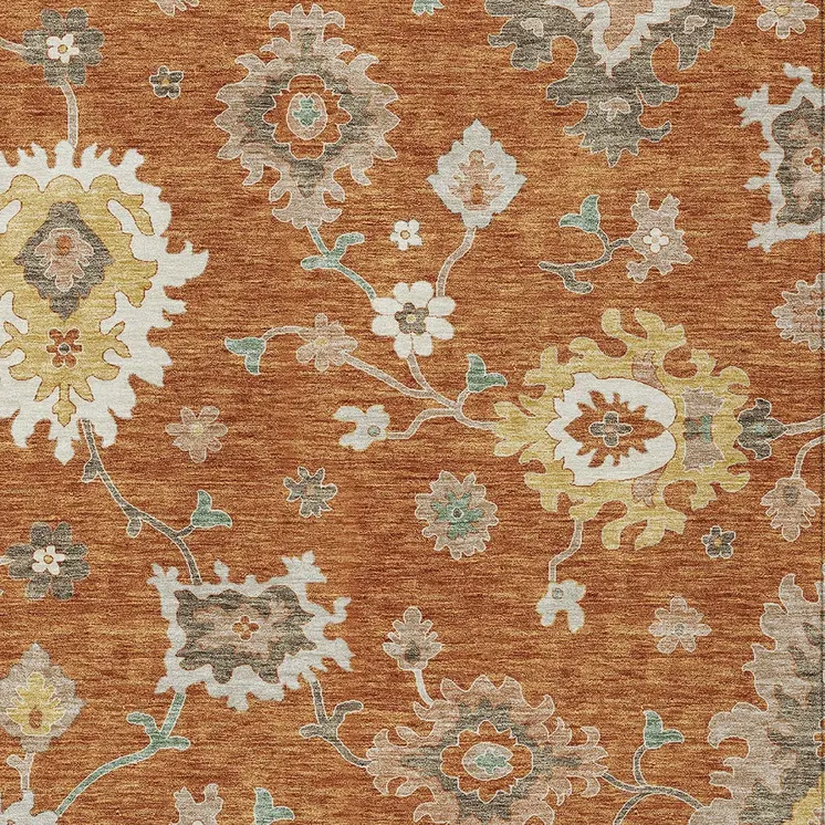 5' X 8' Orange Ivory And Gray Floral Washable Indoor Outdoor Area Rug