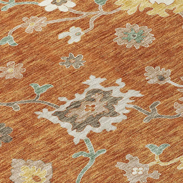 5' X 8' Orange Ivory And Gray Floral Washable Indoor Outdoor Area Rug
