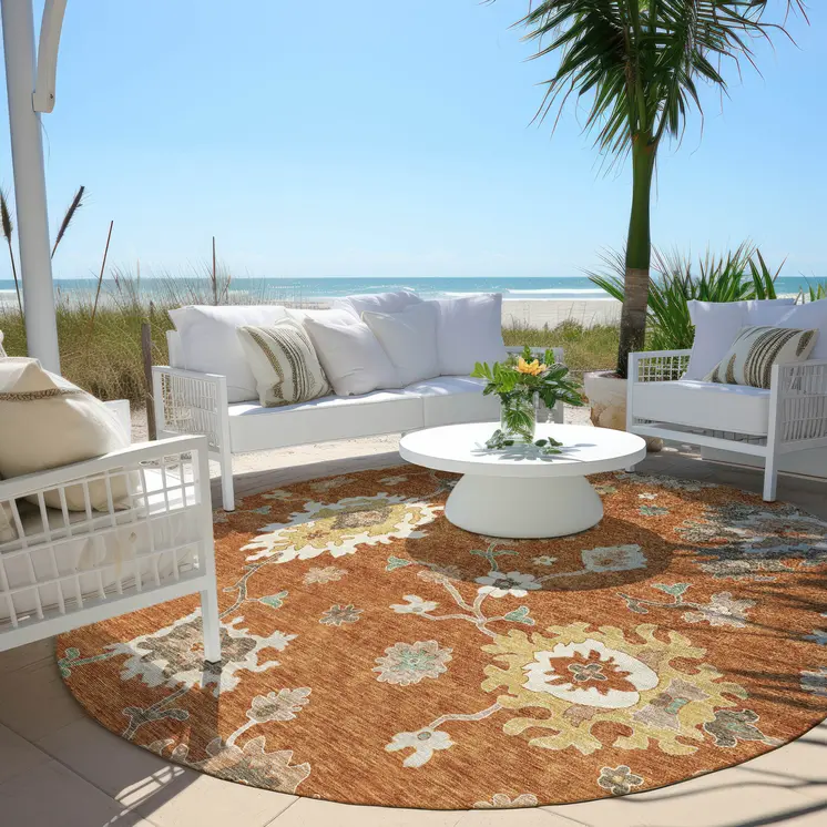 8' Orange Ivory And Gray Round Floral Washable Indoor Outdoor Area Rug