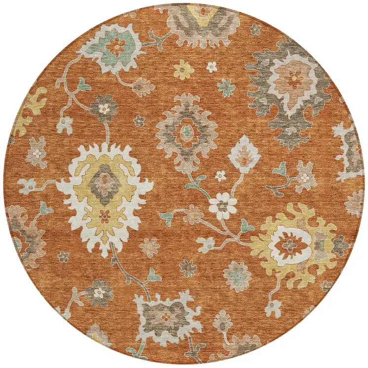 8' Orange Ivory And Gray Round Floral Washable Indoor Outdoor Area Rug