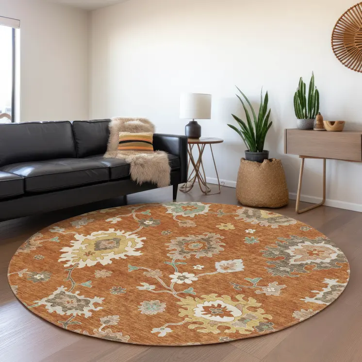 8' Orange Ivory And Gray Round Floral Washable Indoor Outdoor Area Rug