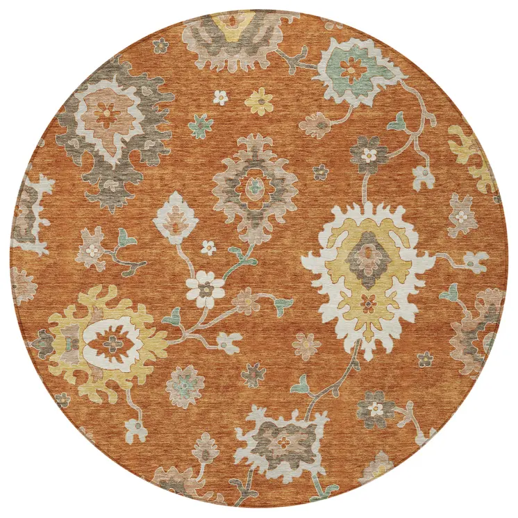 8' Orange Ivory And Gray Round Floral Washable Indoor Outdoor Area Rug