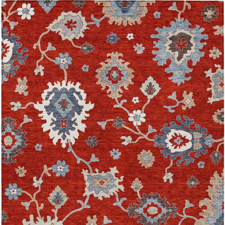 3' X 5' Red Gray And Taupe Floral Washable Indoor Outdoor Area Rug