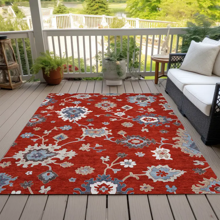 3' X 5' Red Gray And Taupe Floral Washable Indoor Outdoor Area Rug