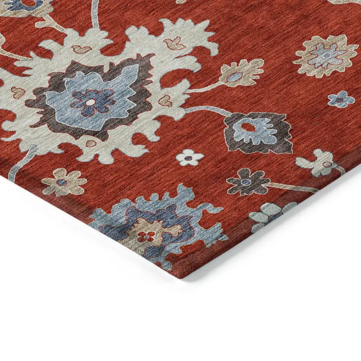 5' X 8' Red Gray And Taupe Floral Washable Indoor Outdoor Area Rug