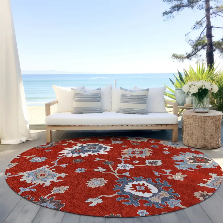 8' Red Gray And Taupe Round Floral Washable Indoor Outdoor Area Rug
