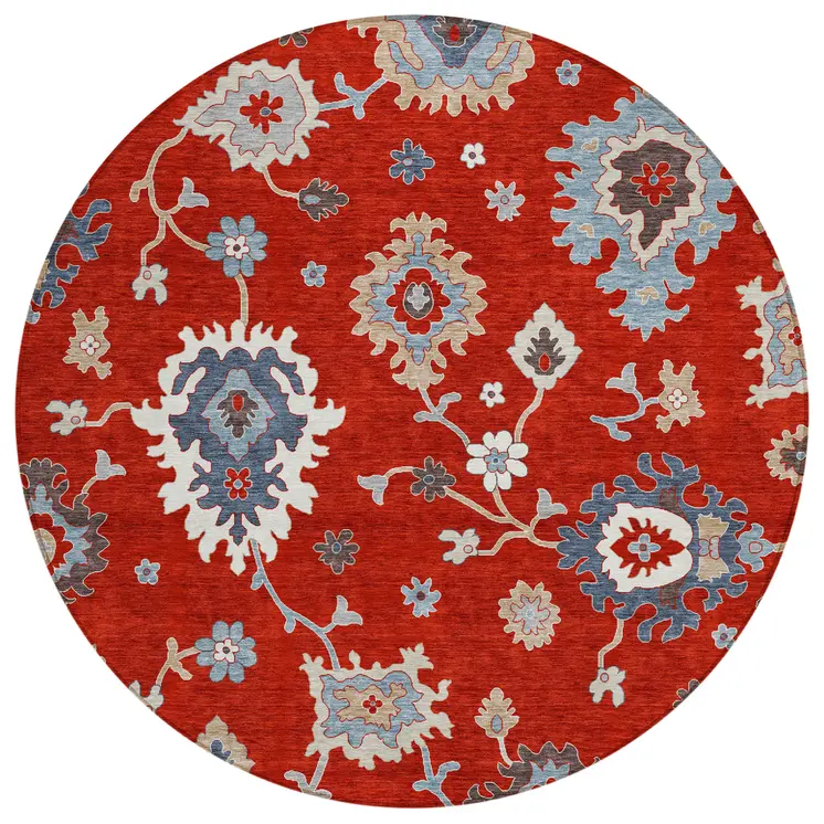 8' Red Gray And Taupe Round Floral Washable Indoor Outdoor Area Rug