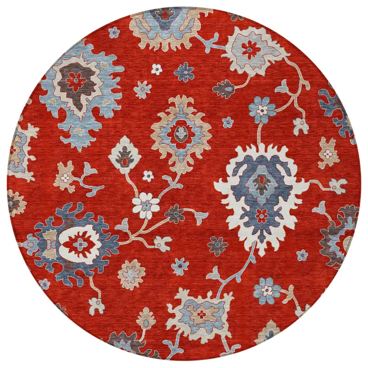 8' Red Gray And Taupe Round Floral Washable Indoor Outdoor Area Rug