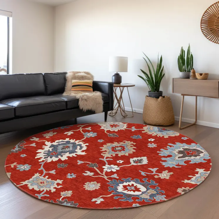 8' Red Gray And Taupe Round Floral Washable Indoor Outdoor Area Rug