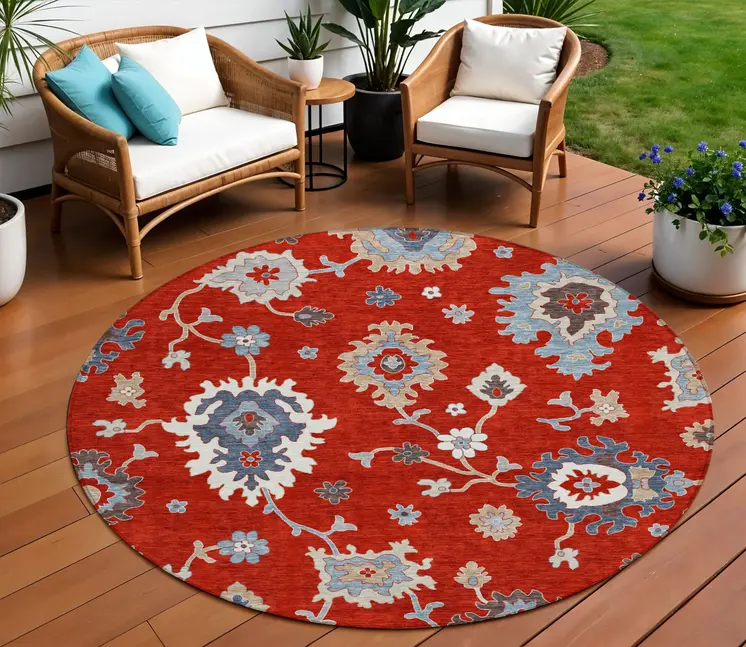 8' Red Gray And Taupe Round Floral Washable Indoor Outdoor Area Rug