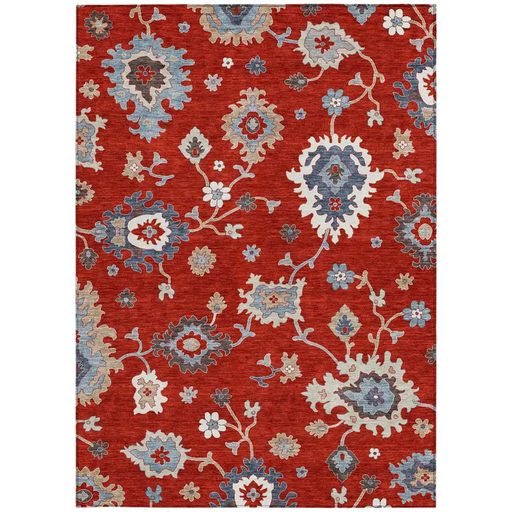 9' X 12' Red Gray And Taupe Floral Washable Indoor Outdoor Area Rug