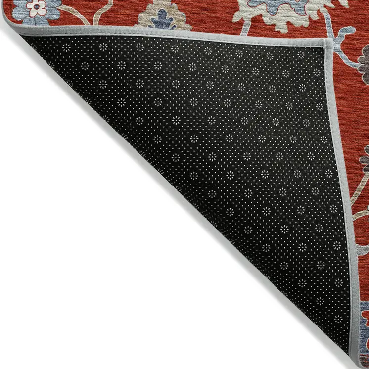 9' X 12' Red Gray And Taupe Floral Washable Indoor Outdoor Area Rug