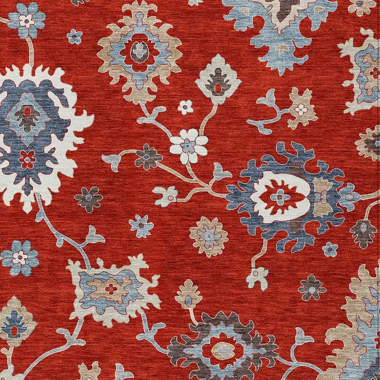 9' X 12' Red Gray And Taupe Floral Washable Indoor Outdoor Area Rug