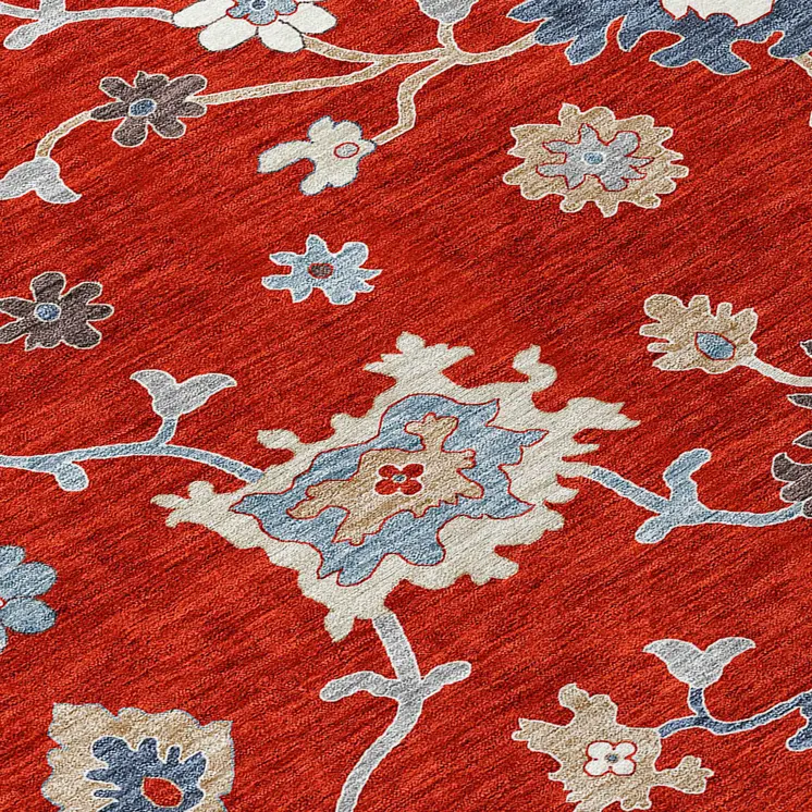 9' X 12' Red Gray And Taupe Floral Washable Indoor Outdoor Area Rug
