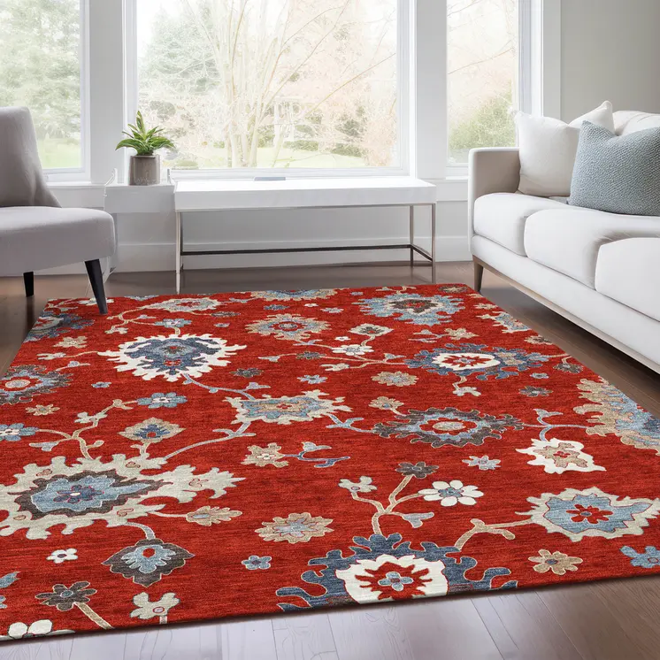 9' X 12' Red Gray And Taupe Floral Washable Indoor Outdoor Area Rug