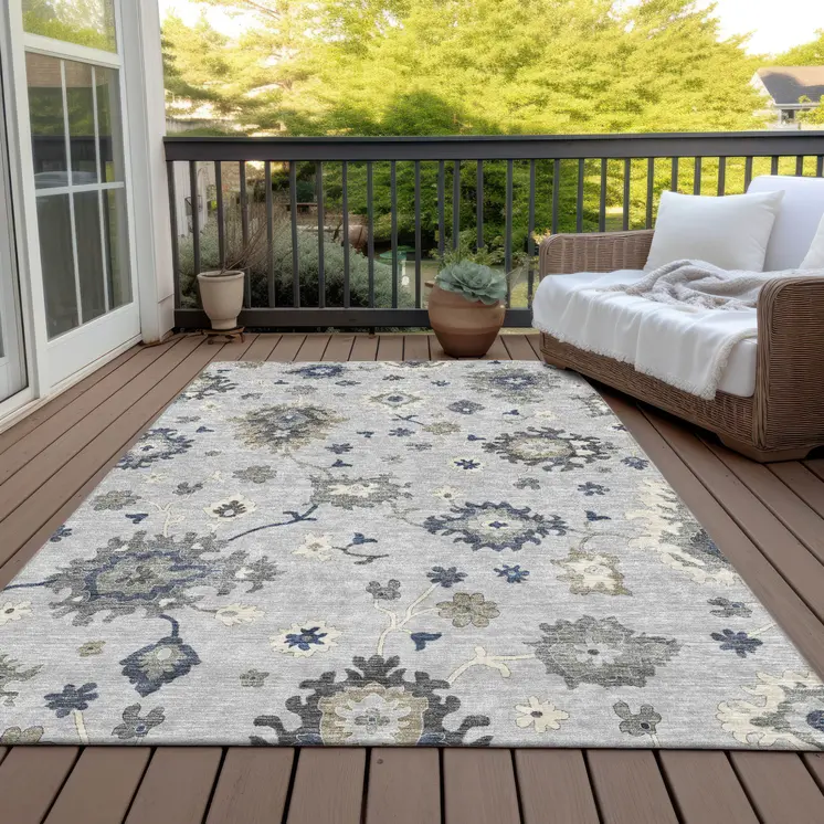 9' X 12' Silver Gray And Taupe Floral Washable Indoor Outdoor Area Rug
