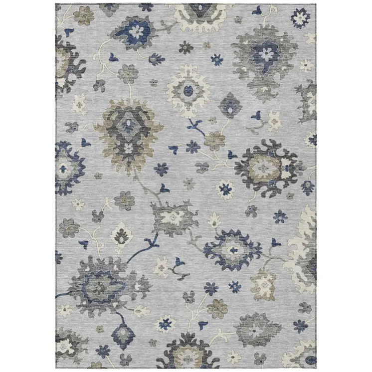 9' X 12' Silver Gray And Taupe Floral Washable Indoor Outdoor Area Rug