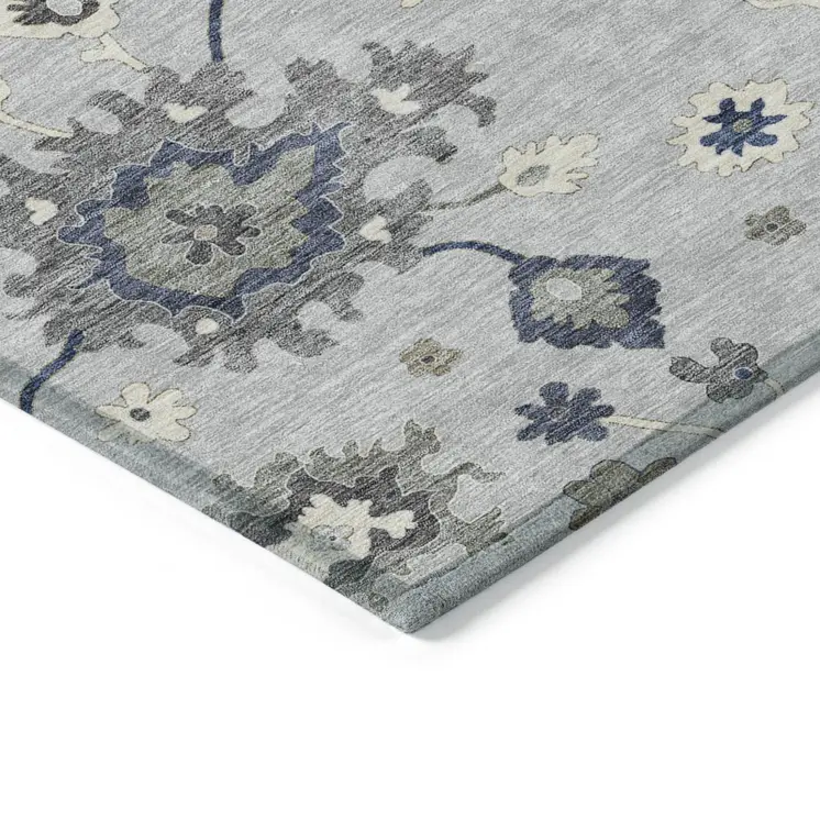 9' X 12' Silver Gray And Taupe Floral Washable Indoor Outdoor Area Rug