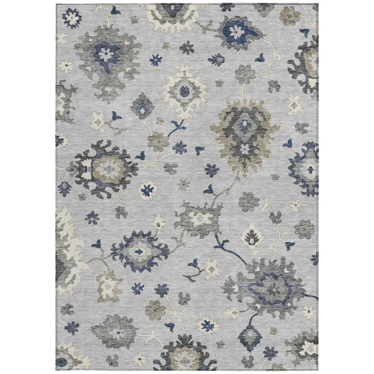 9' X 12' Silver Gray And Taupe Floral Washable Indoor Outdoor Area Rug