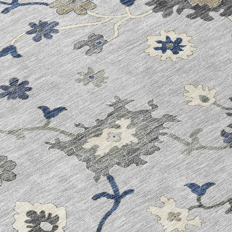 9' X 12' Silver Gray And Taupe Floral Washable Indoor Outdoor Area Rug