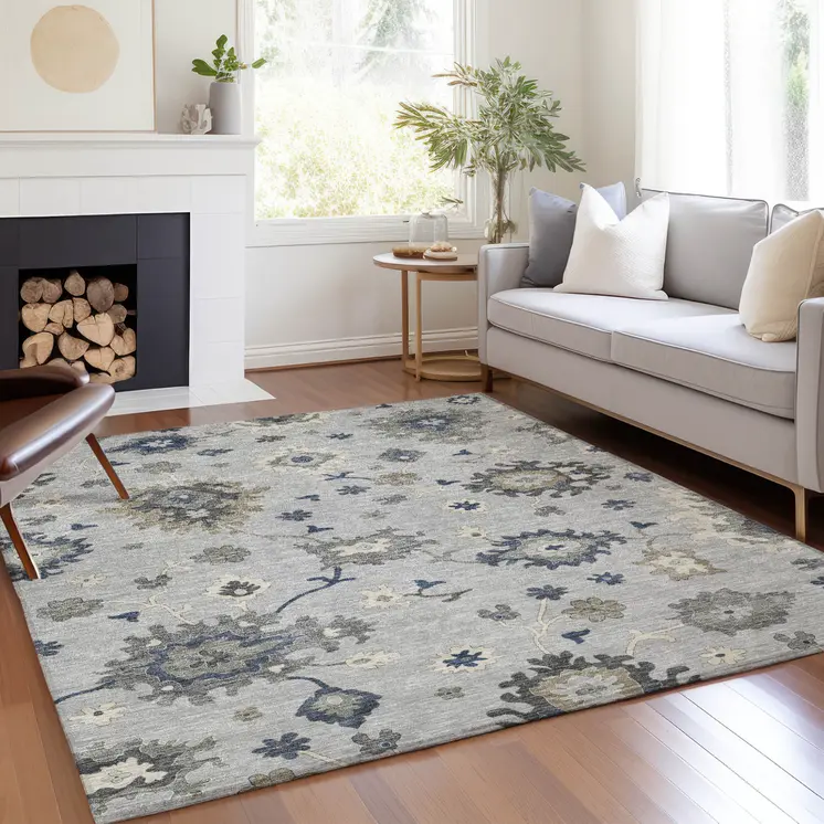 9' X 12' Silver Gray And Taupe Floral Washable Indoor Outdoor Area Rug