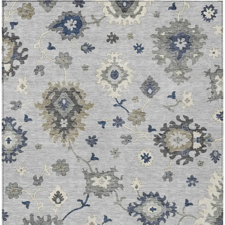 10' X 14' Silver Gray And Taupe Floral Washable Indoor Outdoor Area Rug