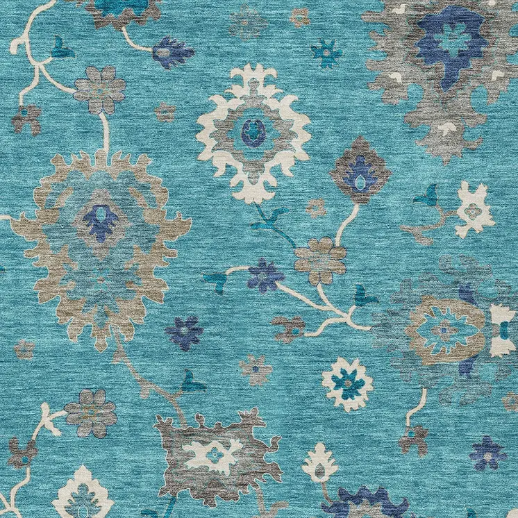 5' X 8' Teal Blue Silver And Gray Floral Washable Indoor Outdoor Area Rug