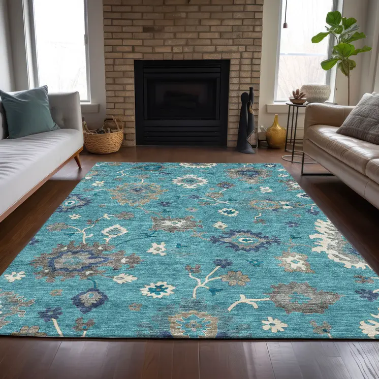 5' X 8' Teal Blue Silver And Gray Floral Washable Indoor Outdoor Area Rug