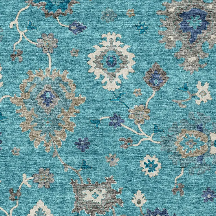 8' X 10' Teal Blue Silver And Gray Floral Washable Indoor Outdoor Area Rug
