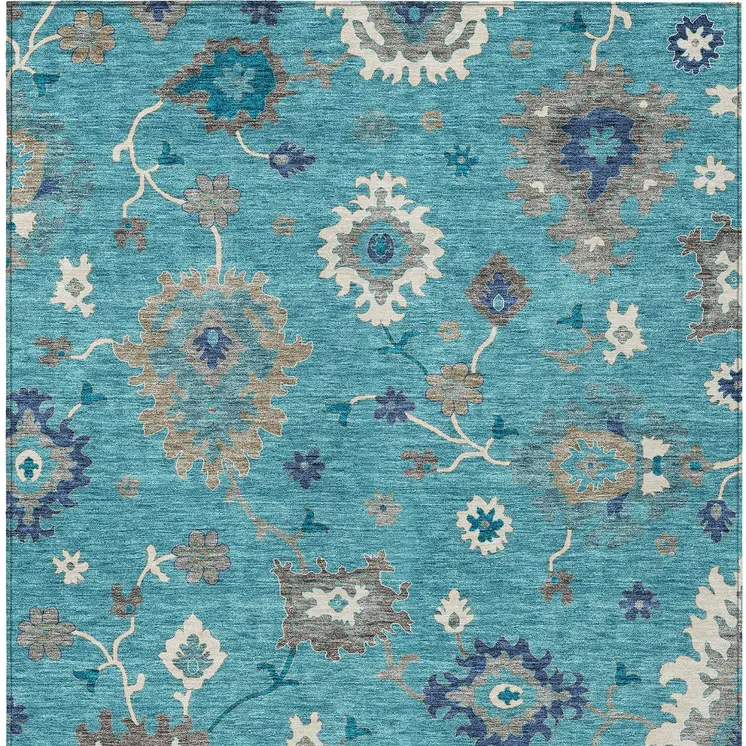 9' X 12' Teal Blue Silver And Gray Floral Washable Indoor Outdoor Area Rug