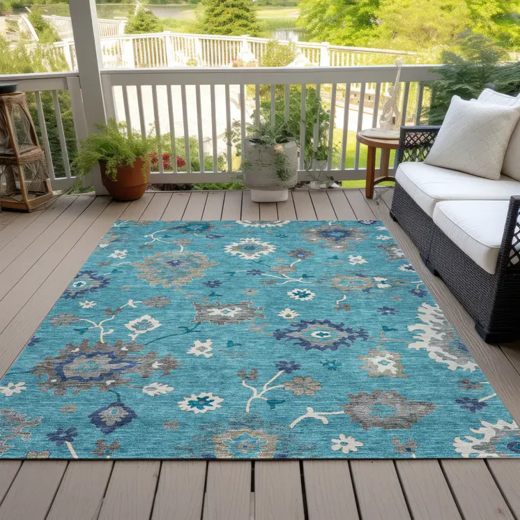 9' X 12' Teal Blue Silver And Gray Floral Washable Indoor Outdoor Area Rug
