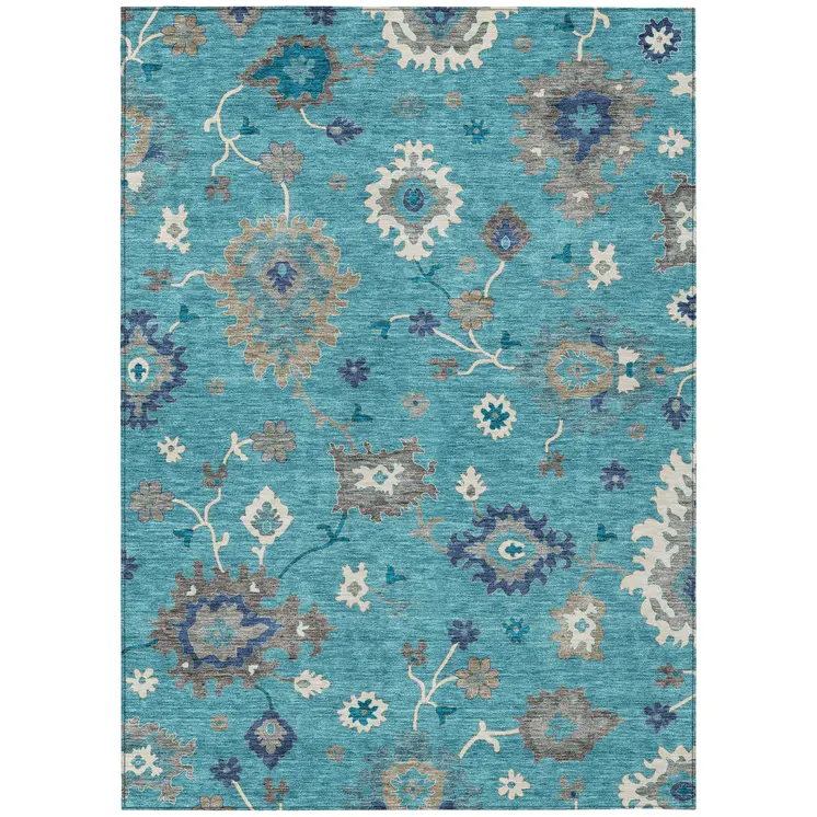9' X 12' Teal Blue Silver And Gray Floral Washable Indoor Outdoor Area Rug
