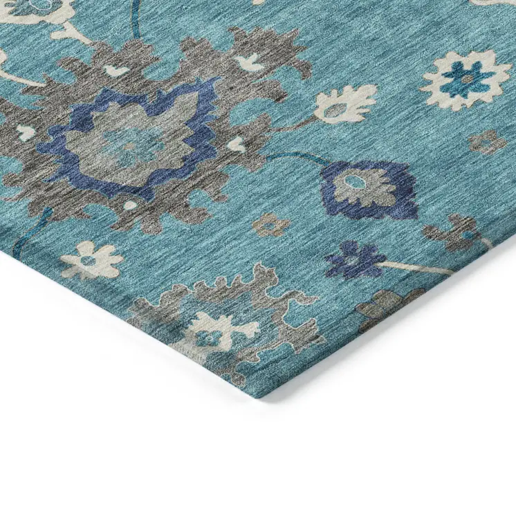 9' X 12' Teal Blue Silver And Gray Floral Washable Indoor Outdoor Area Rug
