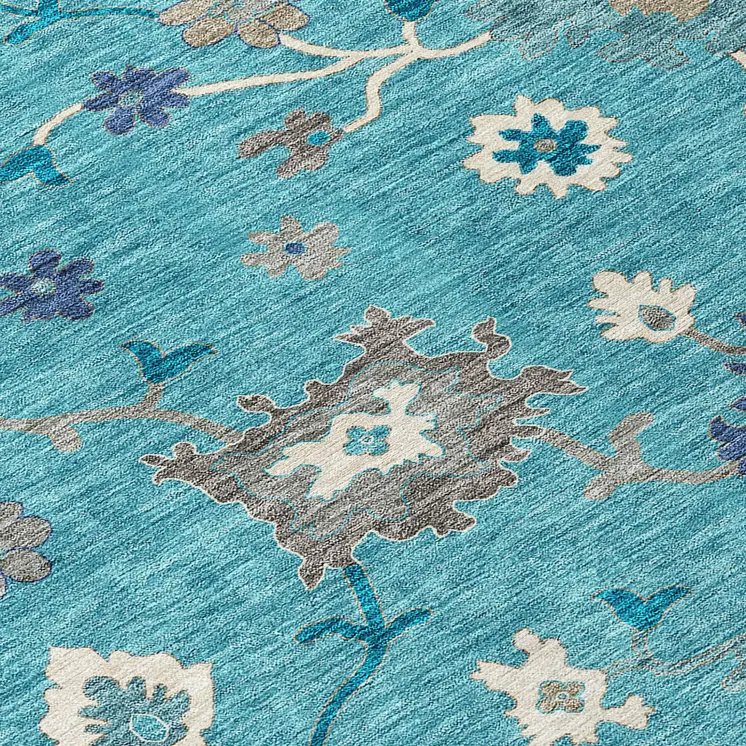 9' X 12' Teal Blue Silver And Gray Floral Washable Indoor Outdoor Area Rug