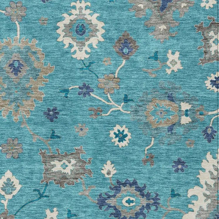 10' X 14' Teal Blue Silver And Gray Floral Washable Indoor Outdoor Area Rug