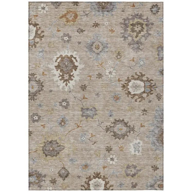 3' X 5' Taupe Silver And Gray Floral Washable Indoor Outdoor Area Rug