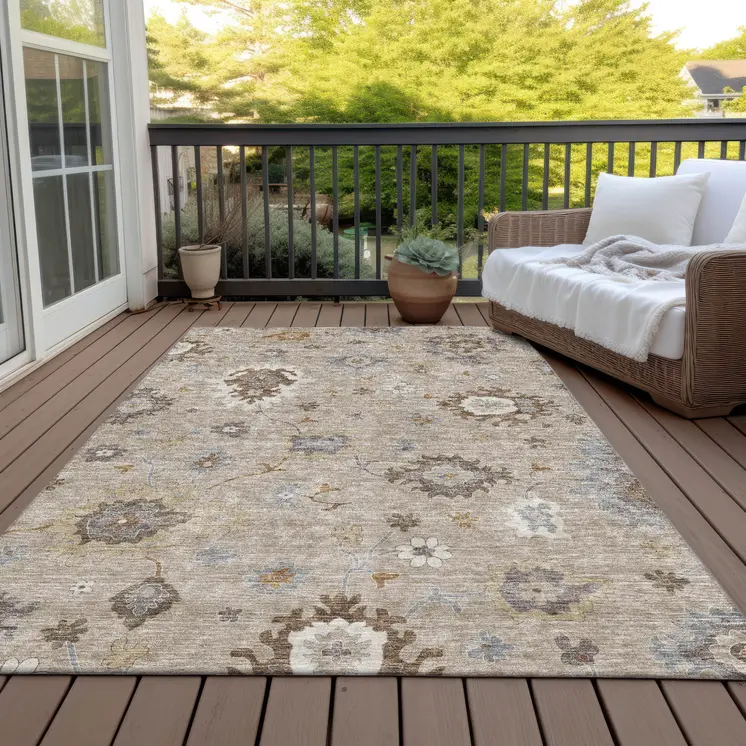 5' X 8' Taupe Silver And Gray Floral Washable Indoor Outdoor Area Rug
