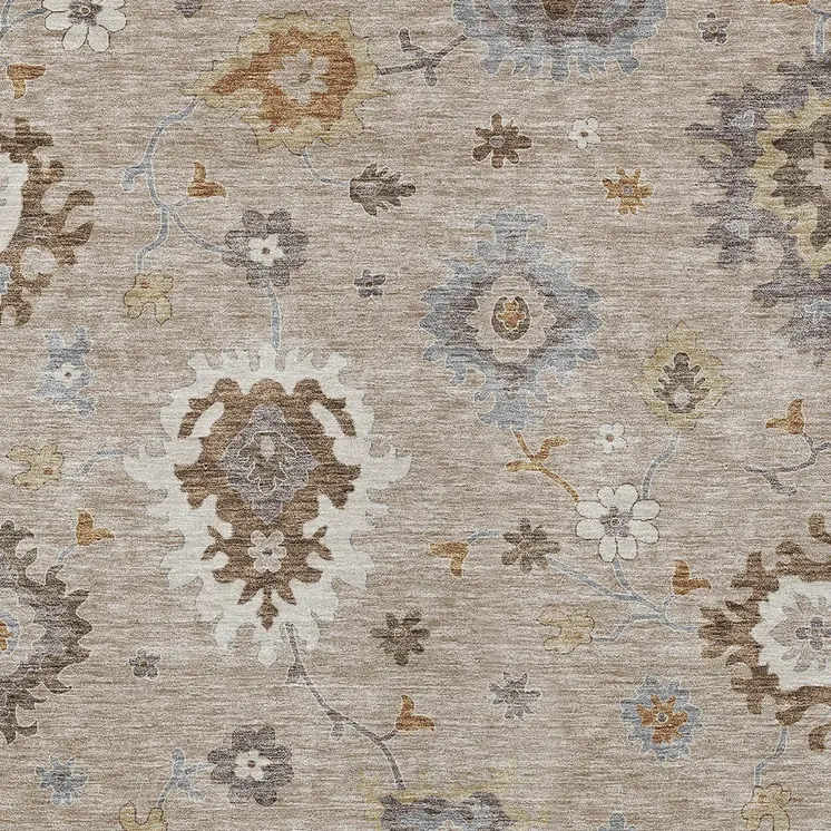 5' X 8' Taupe Silver And Gray Floral Washable Indoor Outdoor Area Rug