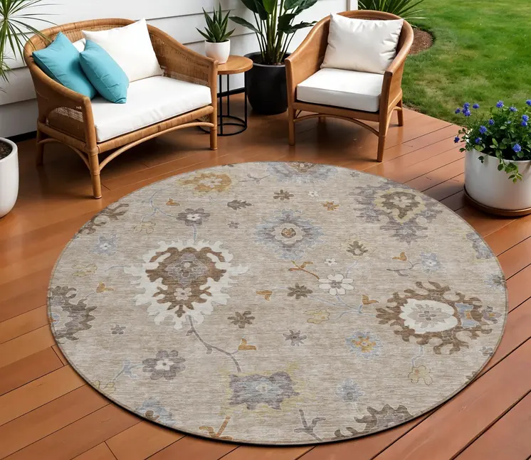 8' Taupe Silver And Gray Round Floral Washable Indoor Outdoor Area Rug