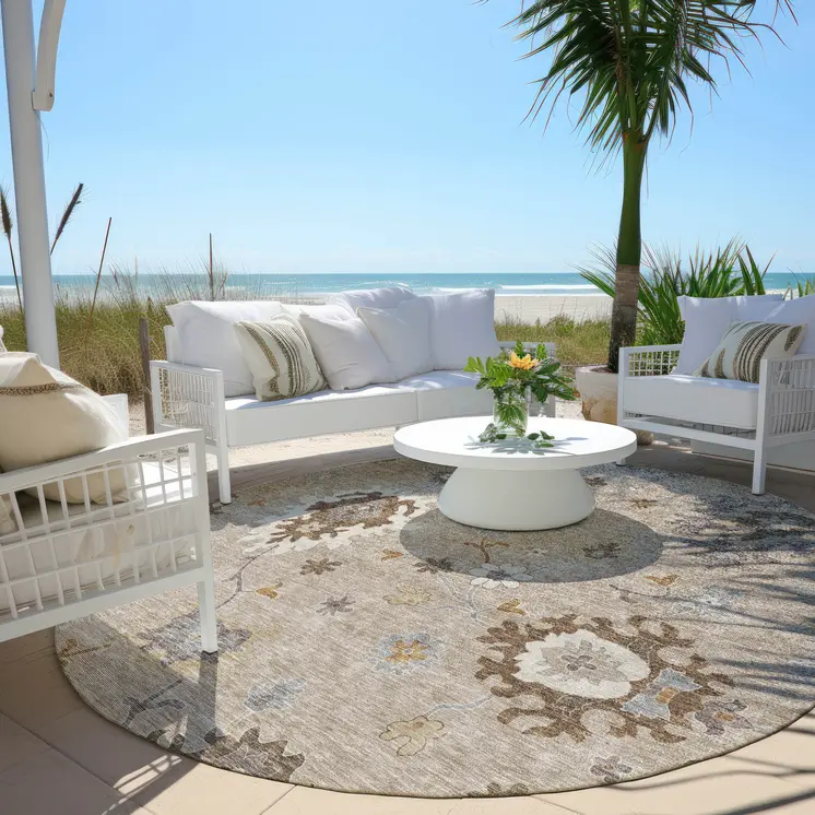 8' Taupe Silver And Gray Round Floral Washable Indoor Outdoor Area Rug