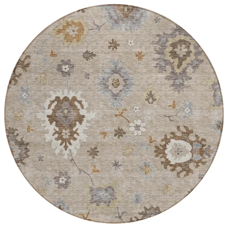 8' Taupe Silver And Gray Round Floral Washable Indoor Outdoor Area Rug