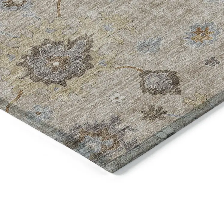 8' Taupe Silver And Gray Round Floral Washable Indoor Outdoor Area Rug