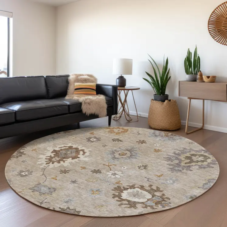 8' Taupe Silver And Gray Round Floral Washable Indoor Outdoor Area Rug